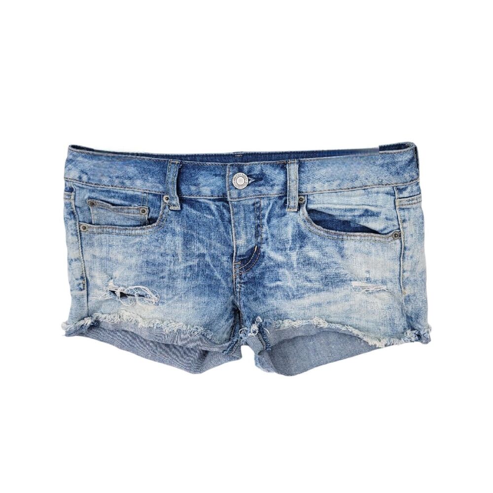 American Eagle Shorts Womens 6 Denim Y2K Stretch Distressed Logo Acid Low Cutoff
